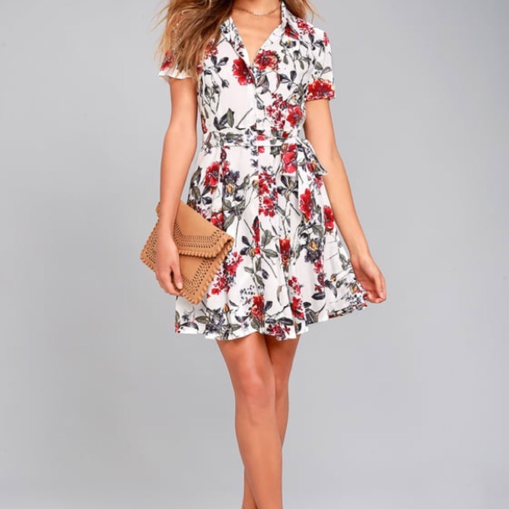 Lulus White Floral Print Shirt Dress